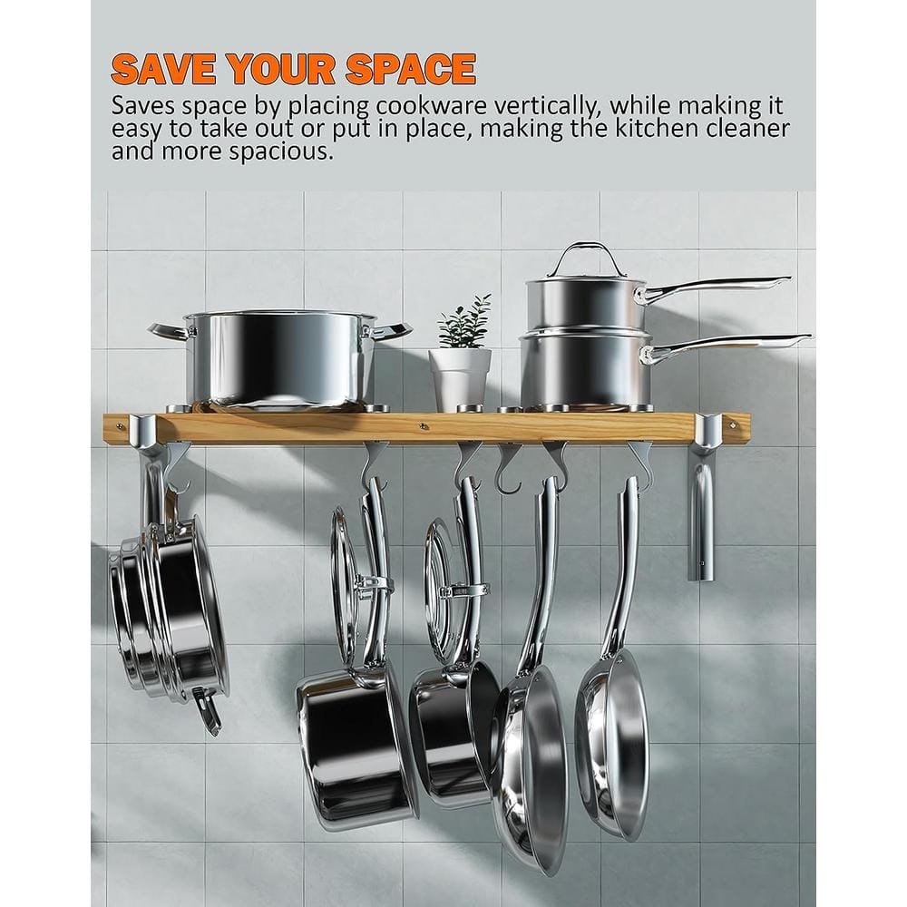 36-Inch Natural Wood Wall-Mounted Pot Rack with Aluminum Hooks