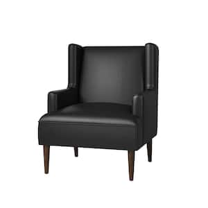 Jeremias Black Vegan Leather Accent Chair with Solid Wood Legs