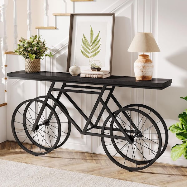 Benjamin 70.9 in. Black Rectangle Wood Console Table with Bicycle Metal Base Behind Couch for Living Room Entrance