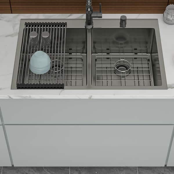 33 in. Drop-In Double Bowl (50/50) 16 Gauge Gunmetal Black Stainless Steel Kitchen Sink with Bottom Grids