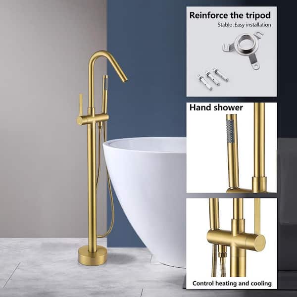 Single-Handle 43-3/4 in. Freestanding Tub Faucet with Handheld Shower in Brushed Brass