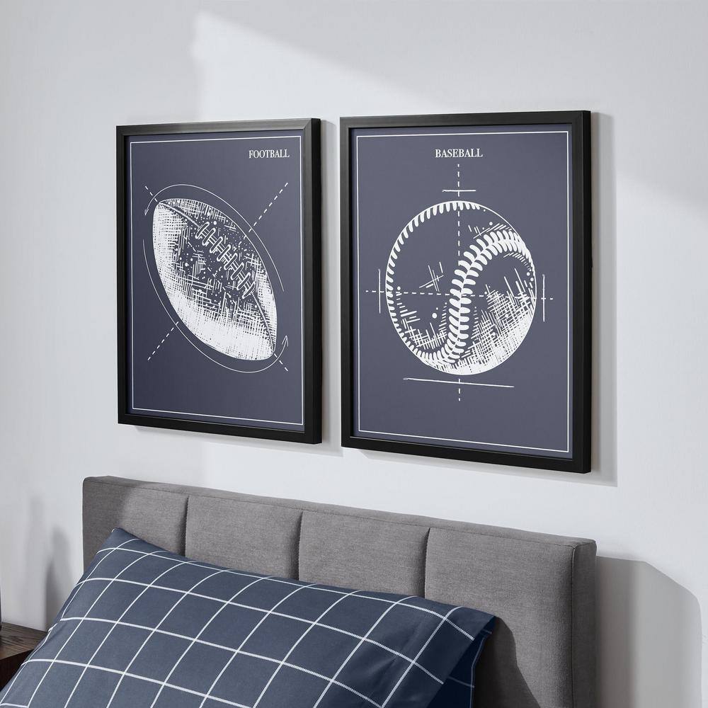 StyleWell Black Framed Blue Football and Baseball Wall Art 21 in. H x 17 in. W (Set of 2), Blue/Black