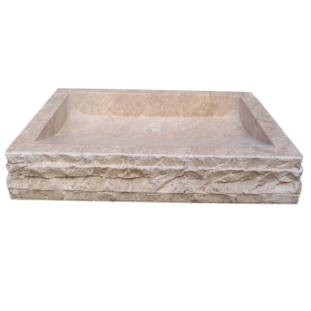 TashMart Chiseled Rectangular Natural Stone Vessel Sink In Almond Brown ...