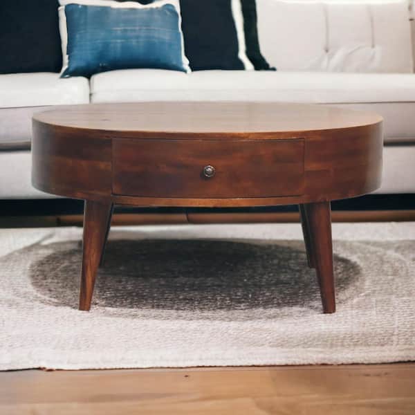 Truda 31.5 in. Brown Round Solid Wood Odyssey Coffee Table with 2 Drawers