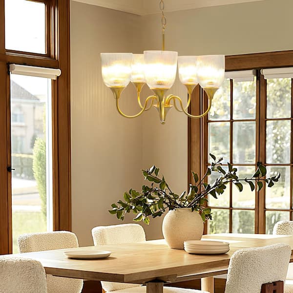 Sunpez 20 in. W, 5-Light Gold Chandelier Hanging Lighting Fixture with Glass Shaded for Kitchen Island, E26, No Bulbs Included