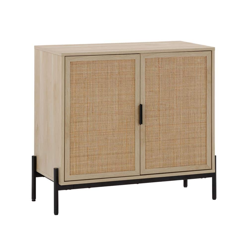 Light Oak and Rattan Storage Cabinet with Metal Legs