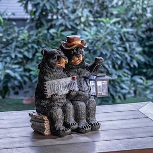 15 in. Tall Outdoor Bear Couple with Lantern and Welcome Sign Statue with Solar LED Light Yard Art Decoration