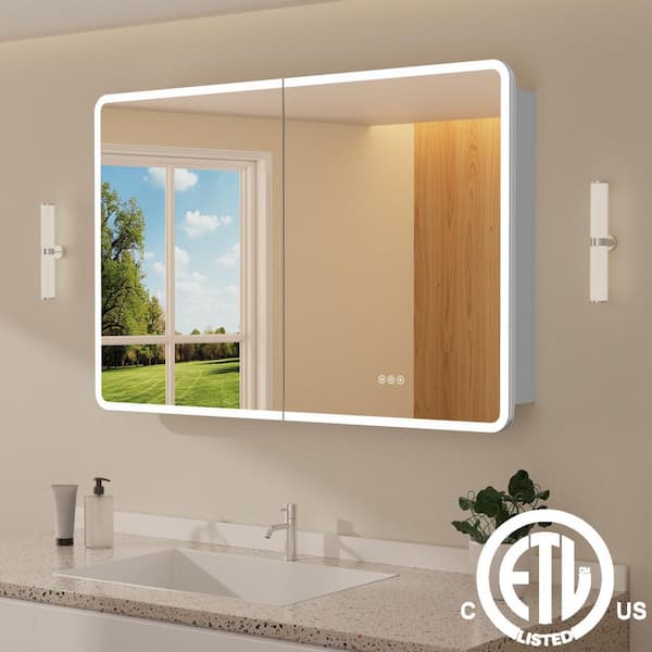 HBEZON Aura 36 in. W x 32 in. H Medium Rectangular Aluminum Recessed/Surface Mount Dimmable Medicine Cabinet with Mirror