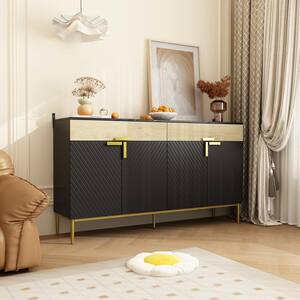 Black & Wooden Grain 35.4 in. Height x 63 in. Width Storage Cabinet, Sideboard with 4 Shelves & 2 Drawers