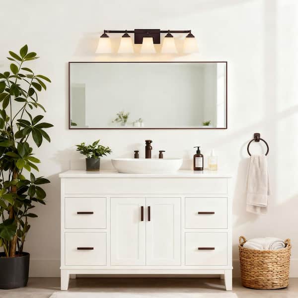 Staunton 32.5 in. 5-Light Farmhouse Cottage Metal LED Oil Rubbed Bronze Vanity Light with Frosted Glass Shades