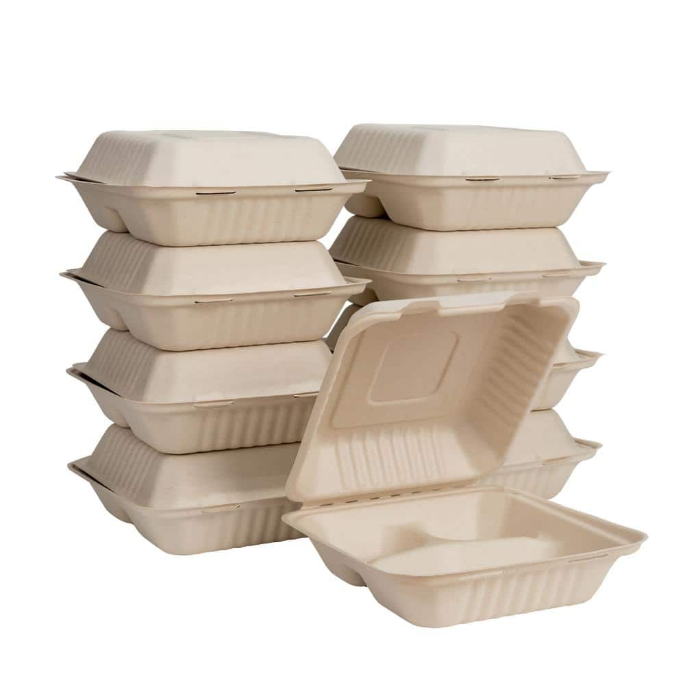 8 in. Natural Sugarcane Sectional Clamshell Containers (300 Pack ...