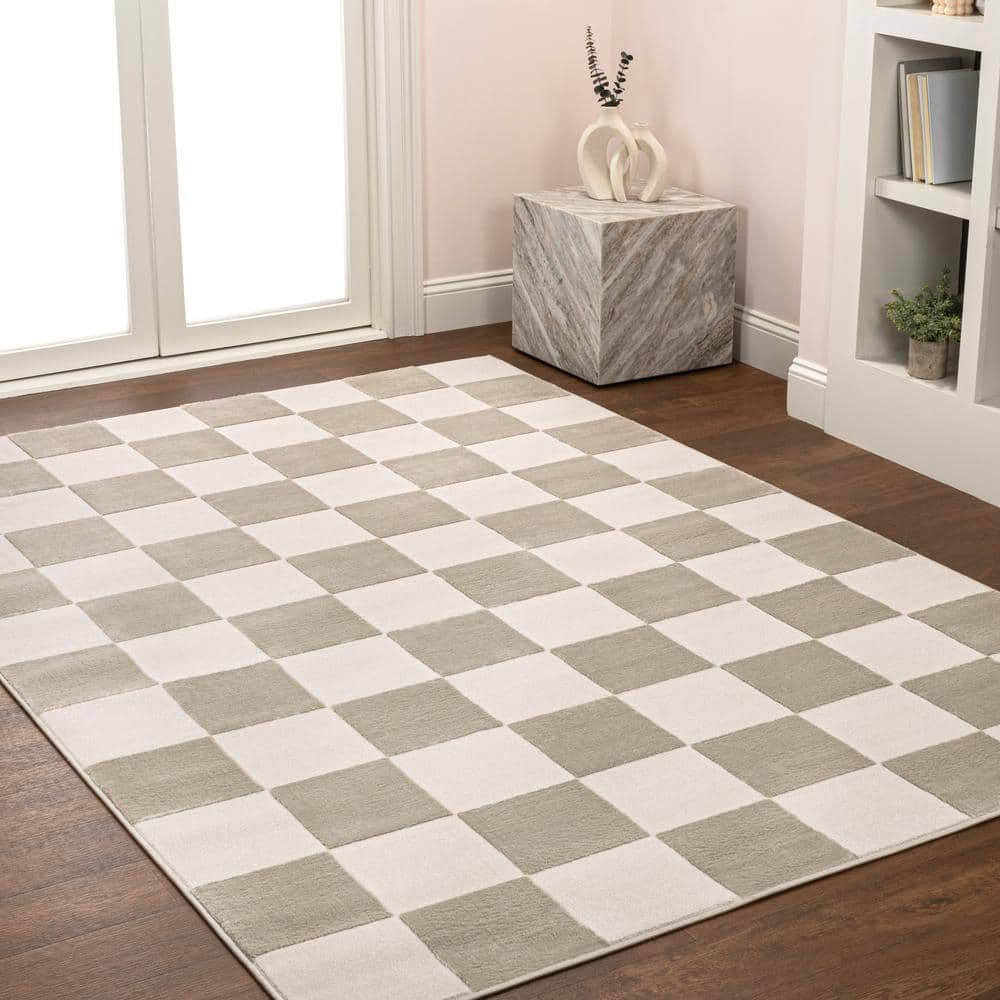 Beige and Cream Geometric Checkerboard 5 x 8 Area Rug