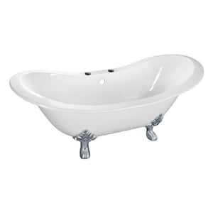 61 in. Cast Iron Double Slipper Clawfoot Bathtub in White with 7 in. Deck Holes, Feet in Polished Chrome