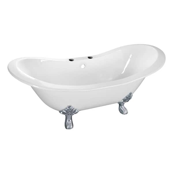 Aqua Eden 61 in. Cast Iron Double Slipper Clawfoot Bathtub in White with 7 in. Deck Holes, Feet in Polished Chrome
