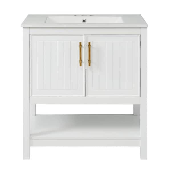 LORDEAR 30 in. W x 18.3 in. D Freestanding Bathroom Vanity in White with Ceramic White Basin Top Open Shelf