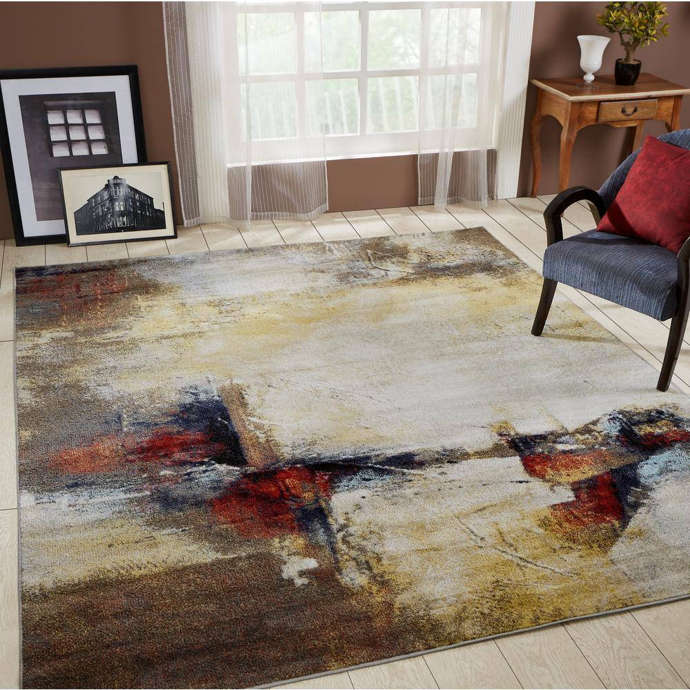 Ivory and Red Abstract Synthetic Rectangular Area Rug