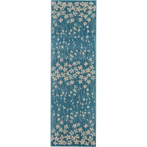 Nourison Tranquil Turquoise 2 ft. x 7 ft. Floral Contemporary Kitchen Runner Area Rug