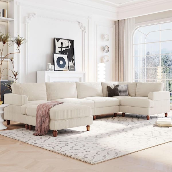 97.2 in. Square Arm Polyester Sectional Sofa with Ottoman L Shaped Corner Sectional in Beige