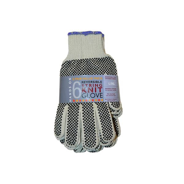 HANDS ON Reversible PVC Dotted String Knit Gloves, 6 Pair Value Pack