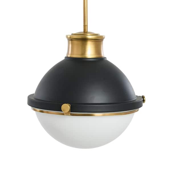 Robert Stevenson Lighting Cameron - 1 Pendant Light Black and Natural Brass 2-Tone Metal and Frosted Glass Ceiling Light