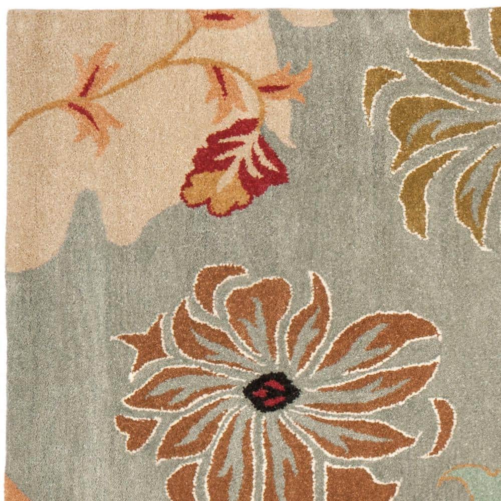 Elegant Blue Floral Hand-Tufted Wool Square Area Rug, 7' x 7'