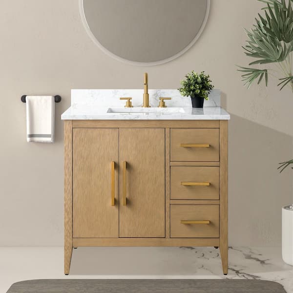 36 in. W x 22 in. D x 34 in. H Single-Sink Bathroom Vanity in Natural Oak with Engineered Marble Top in Arabescato White