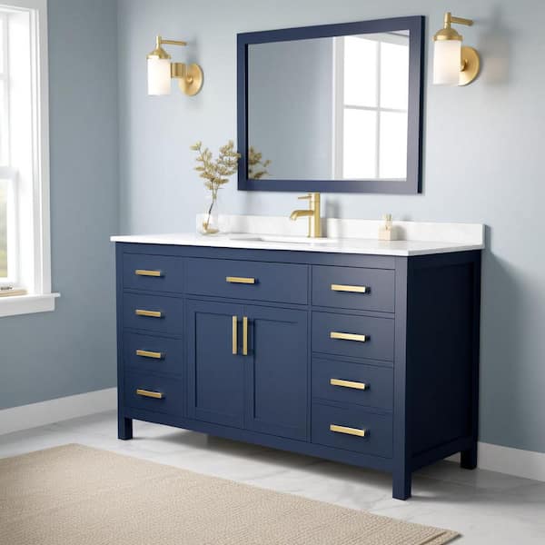 Beckett 60 in. W x 22 in. D Single Vanity in Dark Blue with Cultured Marble Vanity Top in White with White Basin