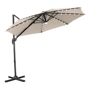 10 ft. Solar LED Patio Cantilever Umbrella with Crank in Khaki