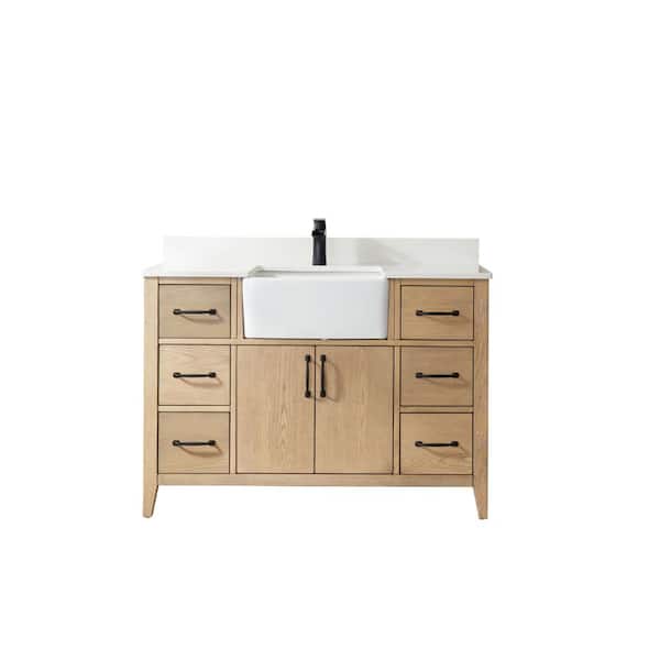 ROSWELL Sevilla 48 in.W x 22 in.D x 33.9 in.H Bathroom Vanity in Washed Ash with White Composite Stone Countertop Without Mirror