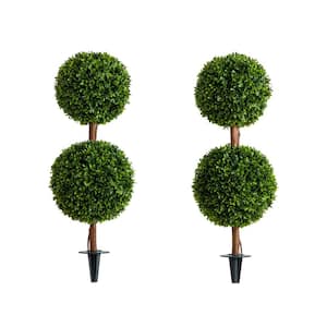 3 ft. UV Resistant Artificial Double Ball Boxwood Topiary Tree with Integrated Ground Stake (Indoor/Outdoor)-Set of 2