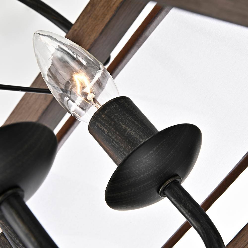 Antique Black and Wood Flush Mount Light with Fabric Shade