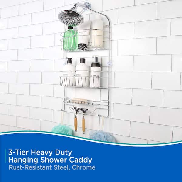 Kenney Rust-Resistant Heavy Duty 3-Tier Large Hanging Shower Caddy with Suction -Cup and Four Razor Holders, Chrome