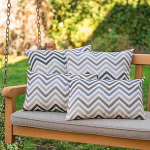 Kimpton Grey, Brown and Blue Zig Zag Striped Tassel Square and Rectangle Outdoor Throw Pillow (4-Pack)