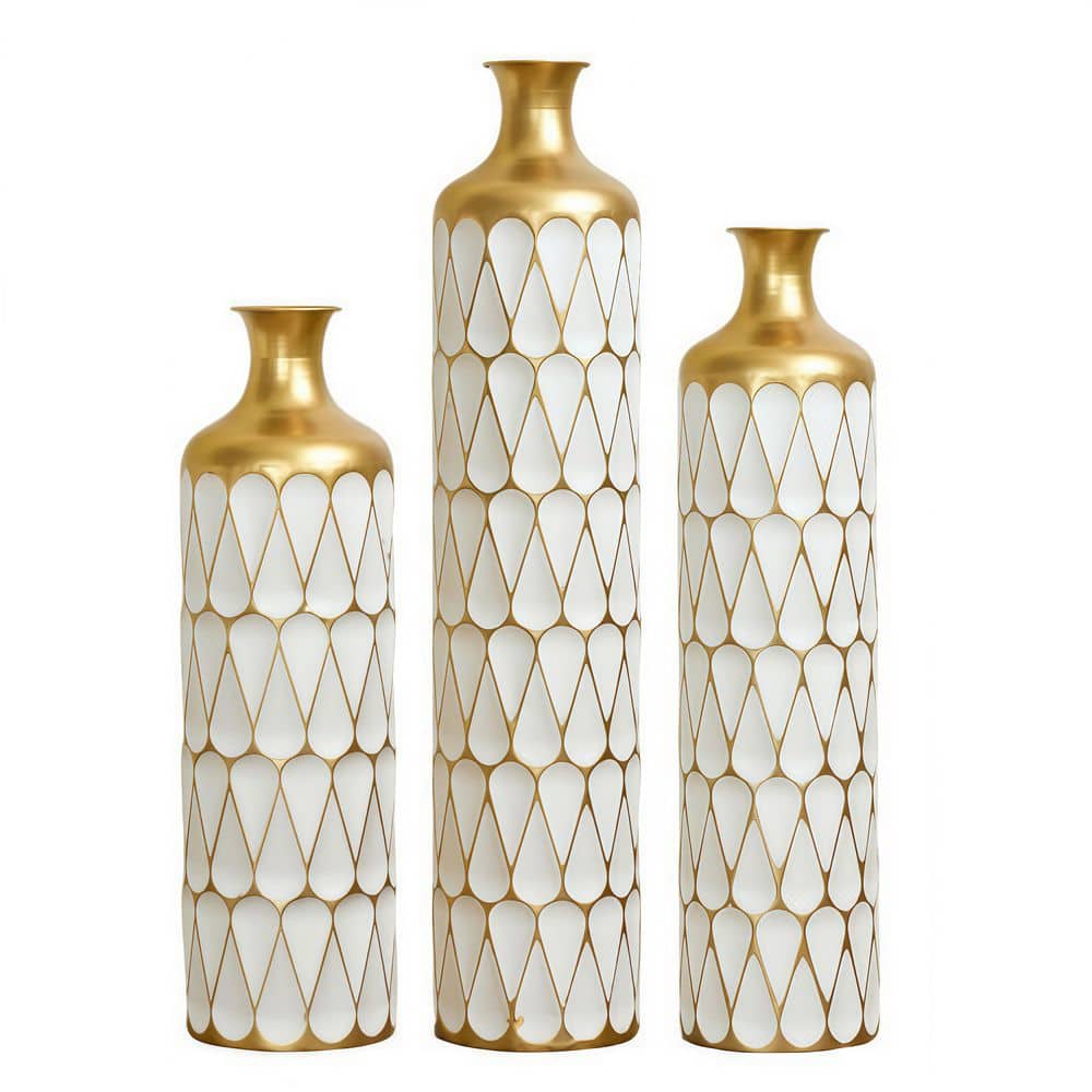Dracelo Set of 3 Cylindrical Gold and White Geometric Metal Vases, 31.5 ...