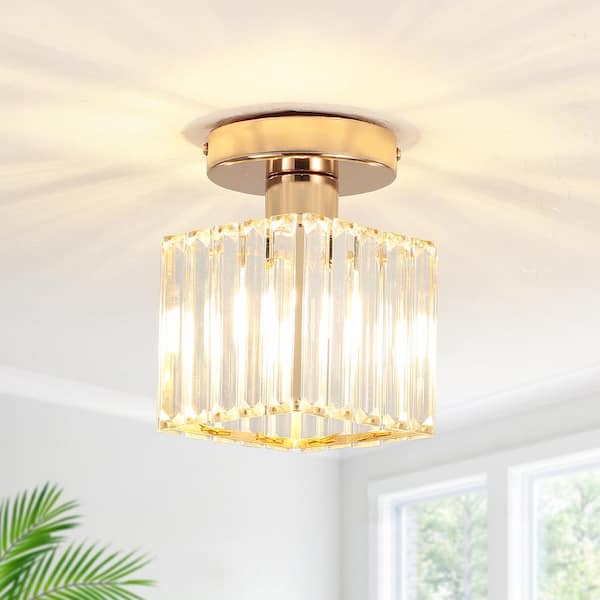 LWYTJO 5.11 in. 1-Light French Gold Modern Flush Mount Lighting with Clear Glass Shade and No Bulbs Included