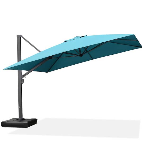 PURPLE LEAF 12 ft. Square Aluminum Large Outdoor Cantilever 360-Degree Rotation Patio Umbrella with Base in Ground, Turquoise Blue