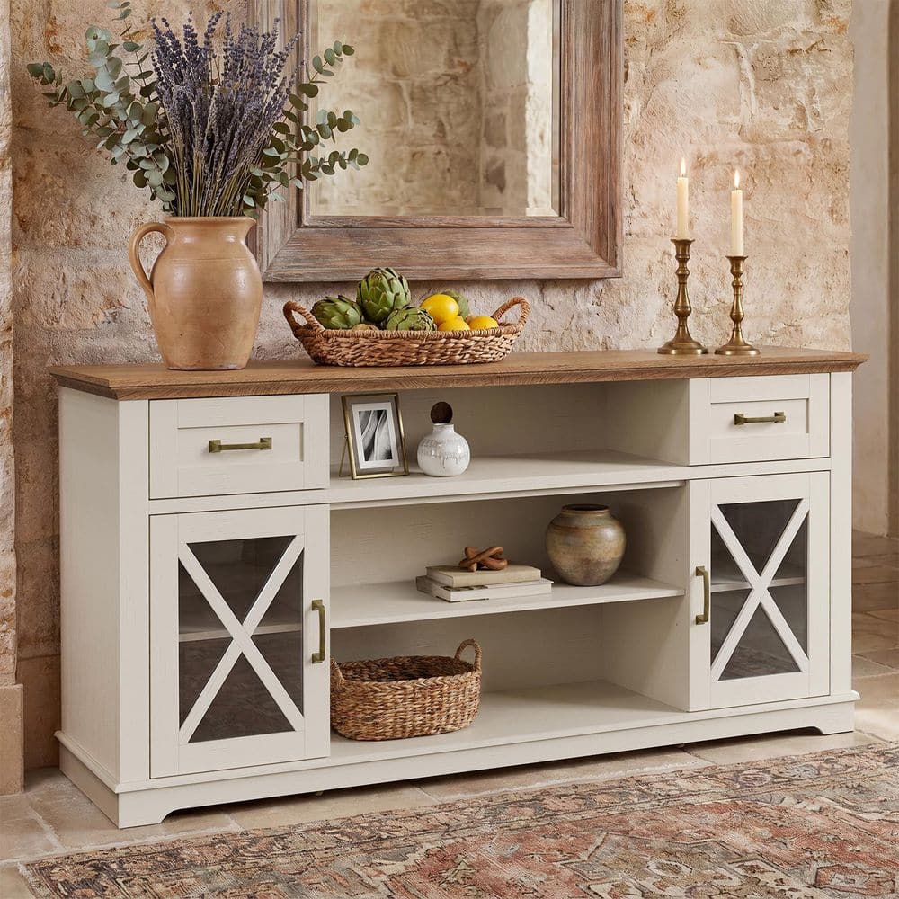 Farmhouse White 63 in. TV Console TV Stand Fits TVs up to 70 in. with Adjustable Shelves and Cable Hole, Storage Cabinet