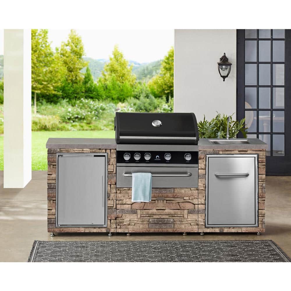Desert Sunrise 86.7" Brown Propane Grill Island with Sink and Fridge