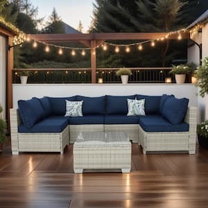 Outdoor Grey 7-Piece Wicker Patio Conversation Set with Dark Blue Cushions and Pillows