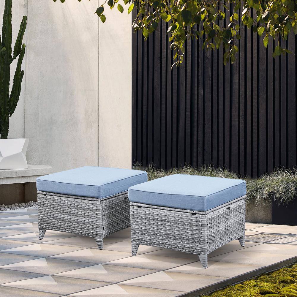 ArcoBay Metal and Light Beige Wicker Outdoor Ottoman with Olefin Baby Blue Family Cushion (2-Pack)