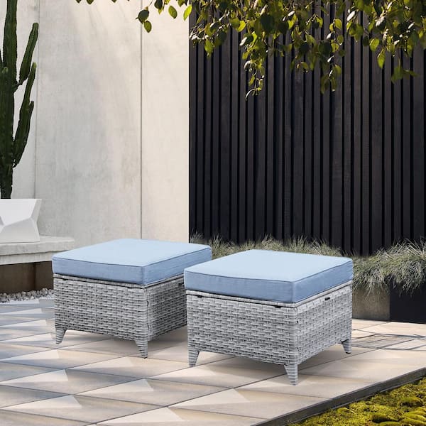 Opohoro ArcoBay Metal and Light Beige Wicker Outdoor Ottoman with Olefin Baby Blue Family Cushion (2-Pack)