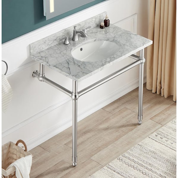 Verona 34.5 in. Console Sink in Brushed Nickel with Carrara White Countertop