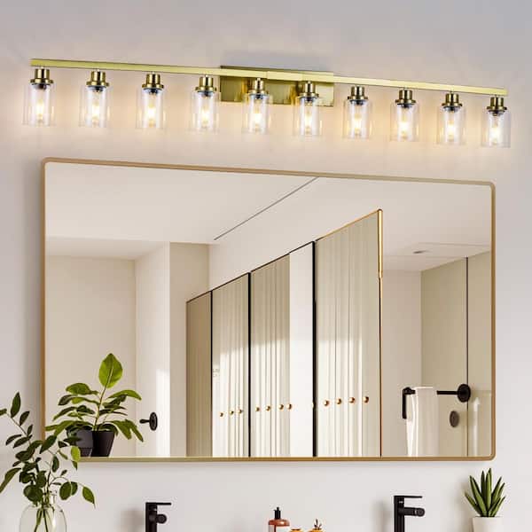 65 in. 10-Light Gold Vanity Light Wall Lighting Over Mirror with Clear Glass Shade