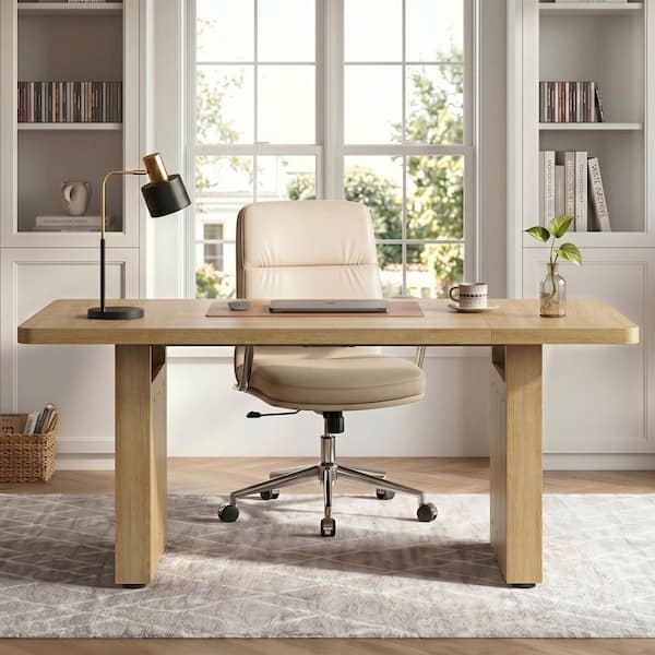 Bestier 63 in. Rectangular Natural Oak Fluted Executive Desk with