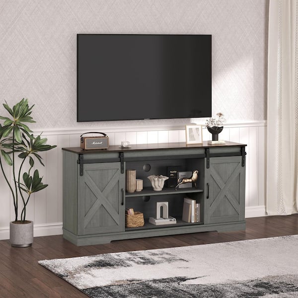 Grey Farmhouse 56 in.TV Stand Entertainment Center with Sliding Barn Doors, Cable Holes and Storage Shelves