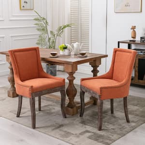 Elegant Orange Fabric Upholstered Dining Chairs Side Chair with Wood Legs, Bronze Nail Head and Backrest (Set of 2)