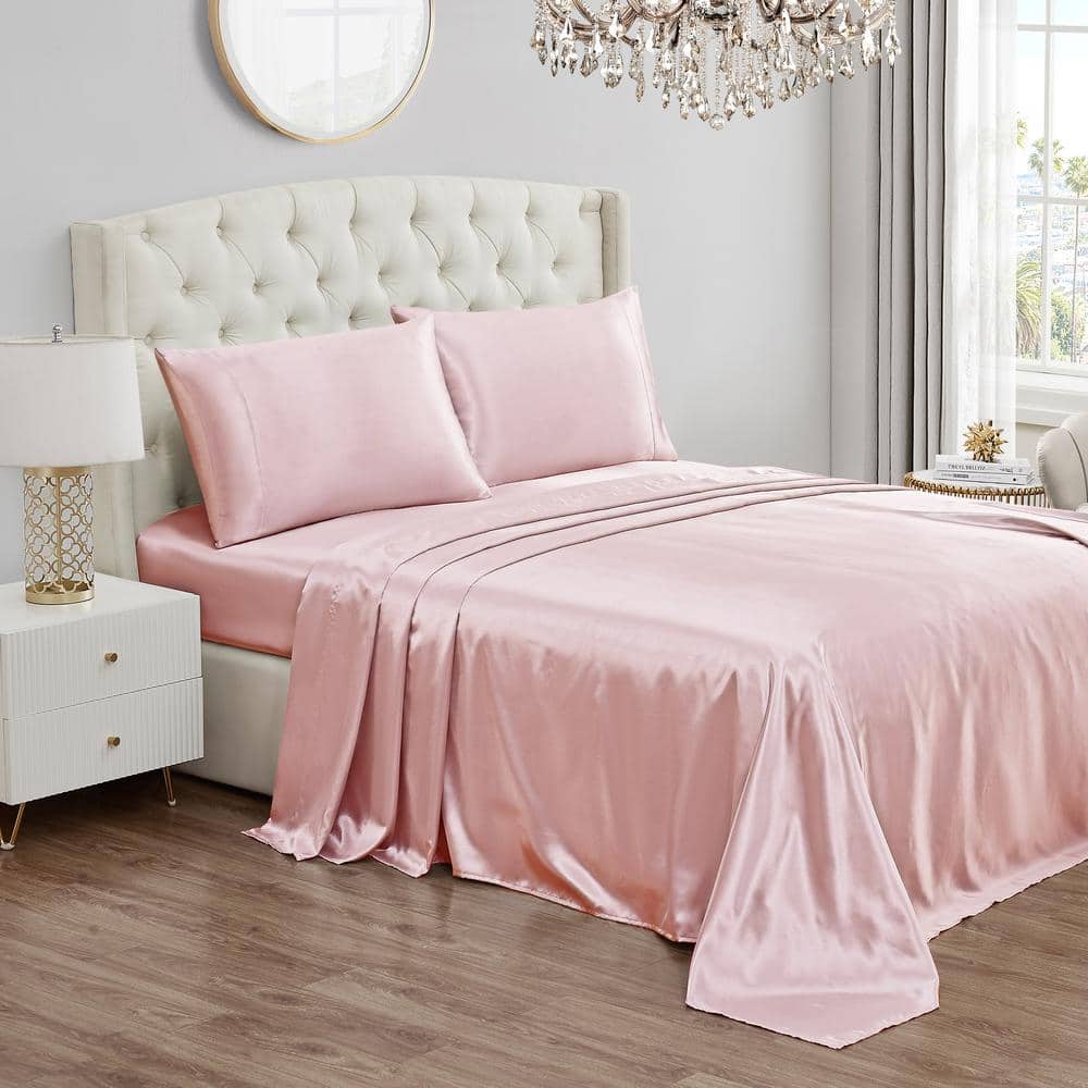 Heavenly Pink Queen Satin Bamboo Deep Pocket Sheet Set