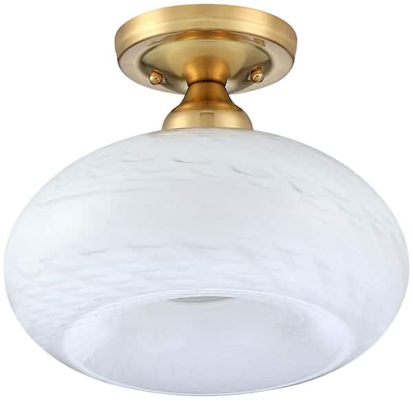 Uixe 10.8 in. 1-Light Modern Industrial Brass Flush Mount Ceiling Light with Opal Fish Scale Glass