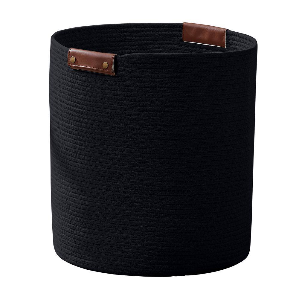 Large Black Cotton Rope Cylinder Laundry Hamper with Leather Handles