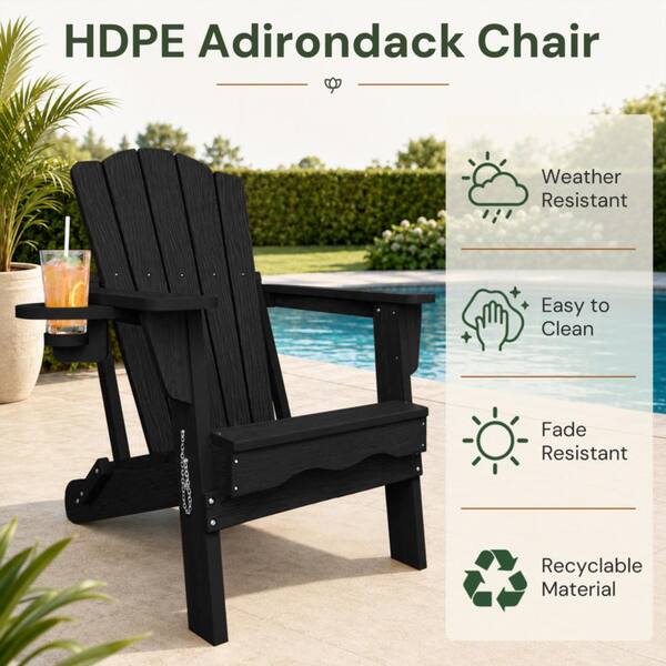 Thoeoe Black HDPE Outdoor Folding Adirondack Chair with Cup Holder